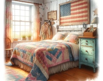 Patchwork Bed Quilt Clipart, 16 High Quality JPGs, Watercolour Blanket Clipart, Card Making, Journal, Paper Craft COMMERCIAL USE | AF0611-1