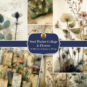 Collage de paquetes de semillas botánicas y papeles digitales florales, páginas de diario basura de jardinería vintage en acuarela, 28 archivos JPG, descarga digital