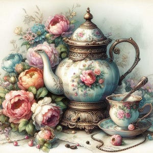Shabby Chic Teekanne Clipart, 10 hochwertige JPGs, Nachmittagstee Bilder, Kartenherstellung, Journaling, Vintage-Stil KOMMERZIELLE NUTZUNG | AF0327-3