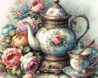 Shabby Chic Teapot Clipart, 10 High Quality JPGs, Afternoon Teatime Images, Card Making, Journaling, Vintage Style COMMERCIAL USE | AF0327-3