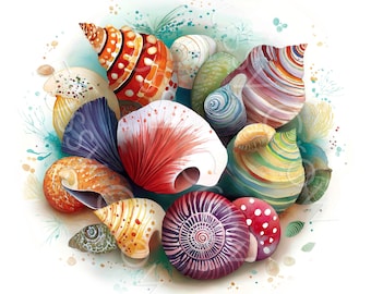 Sea Shell Clipart, Watercolour Seaside Ocean Ephemera, 10 JPGs, Card Making, Junk Journal, Digital Download, Commercial Use | AF0730-1