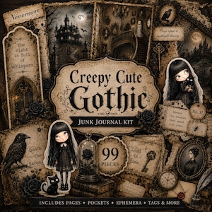 Peut inclure: Un collage d'éphémères de style vintage sur le thème gothique. Un panneau central indique "Creepy Cute Gothic" avec "Junk Journal Kit" en dessous. L'image comprend des illustrations d'un corbeau, d'une maison hantée et d'une fille avec un chat noir. Le tout est vieilli.