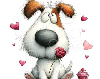 Valentine Dog Clip Art, Watercolour Quirky Love Heart Animal, 10 JPGs, Digital Download, Commercial Use, Card Making, Junk Journal, Fantasy