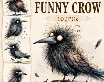 Grappige kraai clipart, 10 hoge kwaliteit jpg's, eigenzinnige raafafbeeldingen, karikatuurvogels, grillige journaling, kaarten maken COMMERCIEEL GEBRUIK | AF0207-1