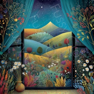 May include: An artistic illustration of a window overlooking a vibrant landscape. The scene features rolling hills, colorful flowers, and a starry night sky. Teal curtains frame the view, with a vase of flowers on the windowsill.