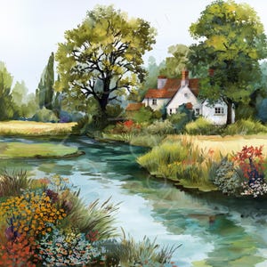 May include: A watercolour painting depicting a tranquil rural scene. A white cottage with a red tiled roof sits amongst trees beside a river. The water reflects the sky and surrounding foliage, with colourful flowers on the riverbank.