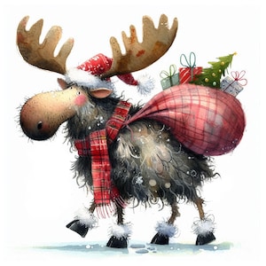 Funny Christmas Moose Clipart, 17 High Quality JPGs, Watercolour Quirky Winter Animal, Xmas Card Making, Paper Craft COMMERCIAL USE | AF0528