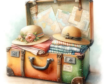 Könnte beinhalten: Ein offener Vintage-Koffer, gefüllt mit Reiseutensilien. Zwei Strohhüte, einer mit Blumen verziert, liegen auf gefalteter Kleidung. Karten und Anhänger sind im Koffer zu sehen. Der Koffer ist eine Mischung aus Orange, Braun und Grün.