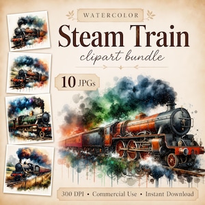 Steam Train Clipart, 10 High Quality JPGs, Vintage Locomotive Images, Railway Travel, Card Making, Junk Journaling, COMMERCIAL USE | AF0225