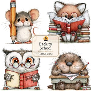 Puede incluir: Un conjunto de ilustraciones digitales con cuatro animales del bosque: un ratón con un lápiz grande, un zorro leyendo sobre libros, un búho con gafas leyendo un Teacher Book y un castor escribiendo en un escritorio. Texto: Back to School.
