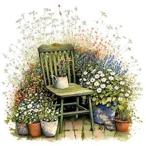 Tuinstoel clipart, 12 hoge kwaliteit jpg's, aquarel bloemen stoel clipart, kaarten maken, journaling, papierkunst, COMMERCIEEL GEBRUIK | AF0514