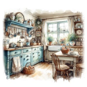Shabby Chic Kitchen Clipart 10 High Quality JPGs, Watercolour Country Kitchen Images, Card Making, Junk Journaling COMMERCIAL USE | AF0225-3