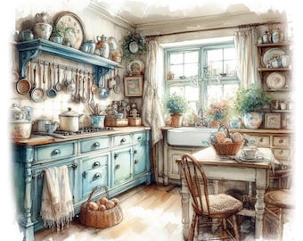 May include: A vintage kitchen with blue cabinets, a white farmhouse sink, and a wooden table with a chair. The kitchen has a window with a view of a garden and a shelf with various kitchenware.
