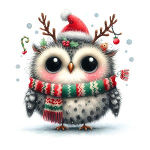 Clipart de Coruja de Natal, 18 JPGs de alta qualidade, Corujas excêntricas em aquarela, Criação de cartões festivos, Diário, Artesanato em papel USO COMERCIAL | AF0514-4