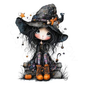 Süße Hexe Mädchen Clipart 10 Hochwertige Aquarell Skurril Halloween Puppe JPGs Karte machen Journal Papier Handwerk Digitaler Download |AF0805-2 Bild 11