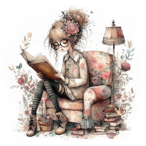 Mädchen lesen Clipart 10 hochwertige JPGs, wunderliche Buchliebhaber Clipart, Kartenherstellung, Junk Journaling, Papierhandwerk KOMMERZIELLE NUTZUNG | AF0312-3