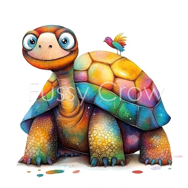 Op de afbeelding: Een kleurrijke cartoon schildpad met een felblauwe en groene schild en een kleine vogel die op zijn rug zit. De schildpad heeft een grote glimlach en grote blauwe ogen.