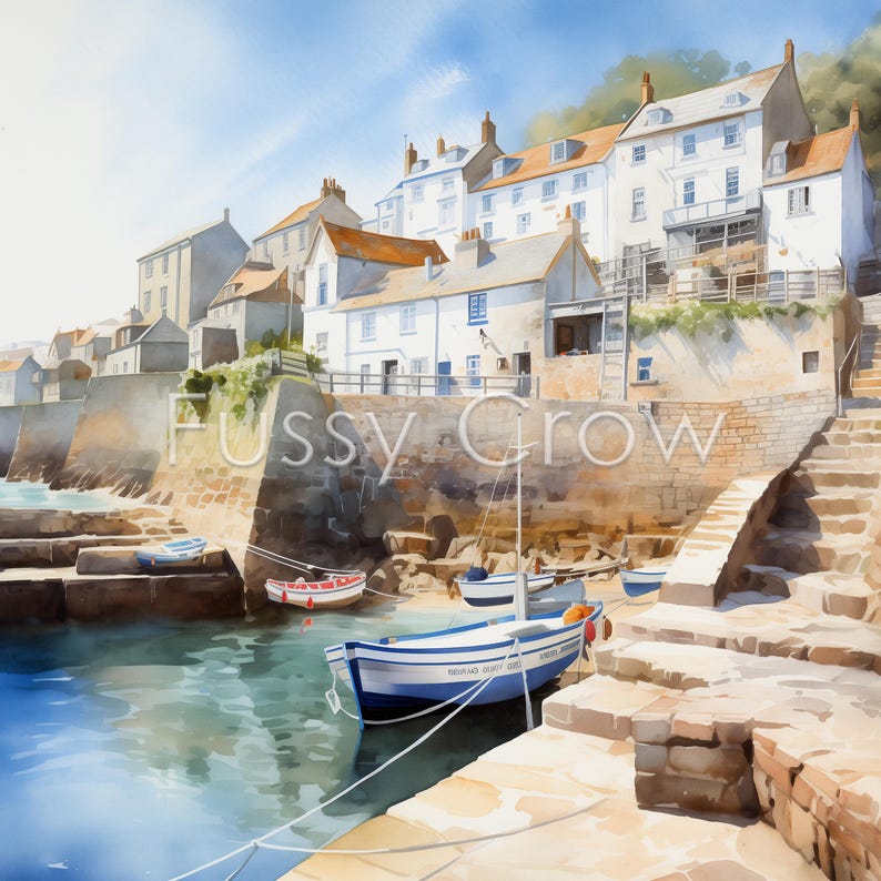 May include: A watercolor painting of a small harbor with several boats docked. The harbor is surrounded by stone walls and steps leading up to a row of white buildings. The sky is blue and sunny.
