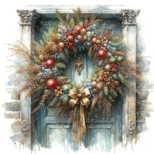 Clipart de corona navideña para puerta, 12 archivos JPG de alta calidad, arte festivo de acuarela, creación de tarjetas, diario basura, uso comercial / AF0430