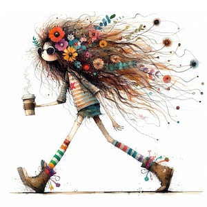 Eigenzinnige koffiemeisje clipart, 10 hoge kwaliteit JPG's, grillige meisje ephemera, Fantasy Paper Craft & junk journaling, COMMERCIEEL GEBRUIK | AF0131