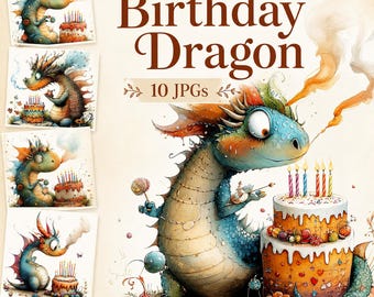Whimsical Dragon Birthday Clipart, 10 High Quality JPGs Watercolour Fantasy Creature, Card Making, Junk Journaling COMMERCIAL USE | AF0404-2
