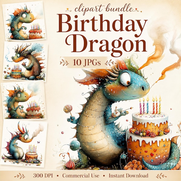 Grillige draak verjaardag clipart, 10 hoge kwaliteit jpg's aquarel fantasie schepsel, kaarten maken, junk journaling COMMERCIEEL GEBRUIK | AF0404-2