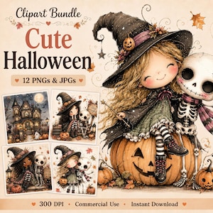 May include: A digital clipart bundle titled "Cute Halloween" featuring illustrations of a witch, skeleton, and pumpkins. The main image shows a witch sitting on a carved pumpkin with a skeleton. The bundle includes 12 PNGs and JPGs, suitable for commercial use.