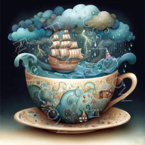 May include: A fantasy illustration of a teacup with a stormy sea scene inside. A sailing ship sails through turbulent waves under dark clouds and lightning. The teacup and saucer are beige with teal and blue decorative elements.