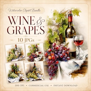 Może przedstawiać: Cyfrowy zestaw clipartów akwarelowych zatytułowany Wine & Grapes zawierający 10 plików JPG. Grafika przedstawia butelkę wina, kieliszek czerwonego wina oraz kiście czerwonych i zielonych winogron z liśćmi na białej tkaninie w kolekcji.