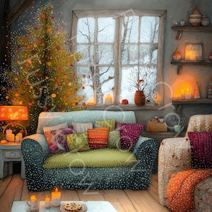 Può includere: Scena d'interni dipinta digitalmente con un albero di Natale decorato, un divano con cuscini colorati e una finestra innevata. L'illuminazione calda di candele e una lampada crea un'atmosfera festosa. Un piatto di biscotti e tazze sono sul tavolo.