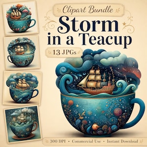 Clipart de una tormenta peculiar en una taza de té, 13 archivos JPG de acuarela de alta calidad para crear tarjetas, diarios y manualidades con papel, descarga digital / AF0722-1