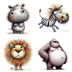 Funny Jungle Animal Clipart, 10 High Quality JPGs, Watercolour Quirky Animal Art, Card Making, Journal, Paper Craft, COMMERCIAL USE | AF0522