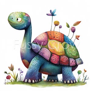 Op de afbeelding: Een kleurrijke cartoon schildpad met een fantasierijk ontwerp. De schild van de schildpad is versierd met verschillende kleuren en patronen, waaronder roze, paars, geel, groen en blauw. De schildpad heeft een vriendelijke uitdrukking en is omringd door kleine bloemen.