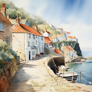 May include: A watercolor painting of a quaint seaside village with colorful houses clustered on a hillside overlooking a harbor. The scene is bathed in warm sunlight, with boats moored in the calm water.