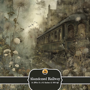 Abandoned Railway Digital Papers, Watercolour Vintage Train Stations, Junk Journal Backgrounds, Grunge & Decay Collage Pages, (14 JPGs)