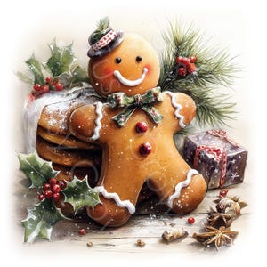 May include: A watercolor illustration of a gingerbread man with a small hat and bow tie, surrounded by holly, a stack of pancakes, and a wrapped gift. The gingerbread man has a smiling face and red buttons. The scene is set on a wooden surface.
