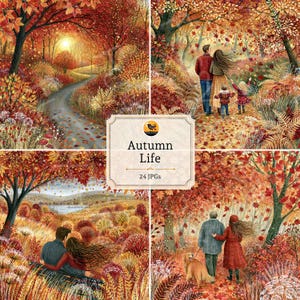 Peut inclure: Une collection d'art numérique intitulée Autumn Life comprenant 24 fichiers JPG de paysages d'automne. Les scènes incluent un sentier sinueux parmi les arbres orange, une famille en forêt, un couple dans un champ et une promenade avec un chien.