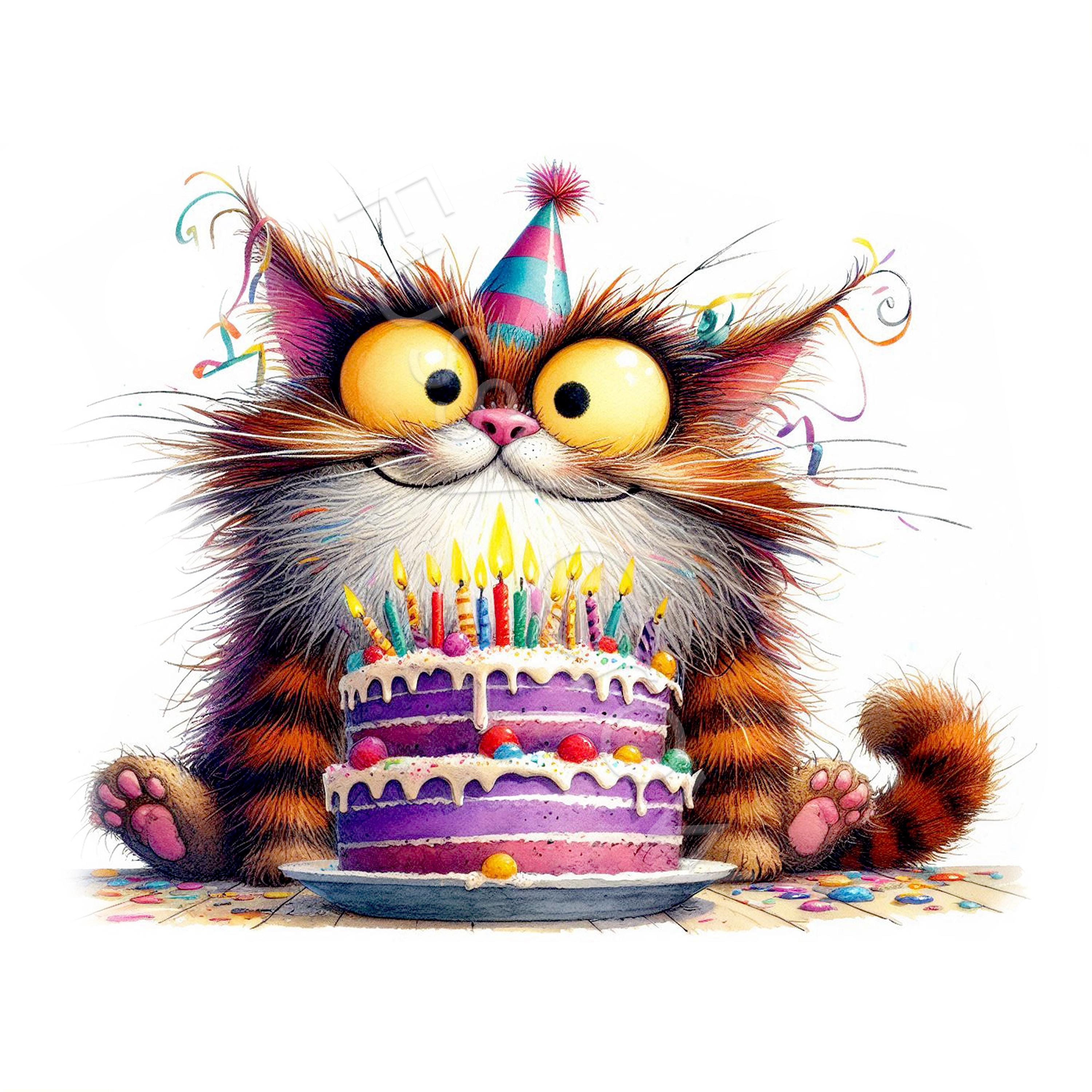 Birthday Cat Clipart, 15 High Quality Watercolour Quirky Kitten JPGs, Card Making, Junk Journal, Paper Craft, Digital Download | AF0414-2