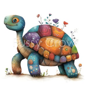 Op de afbeelding: Een kleurrijke, cartoonachtige schildpad met een schild dat is versierd met bloemen en verschillende kleuren. De schildpad loopt op een witte achtergrond.