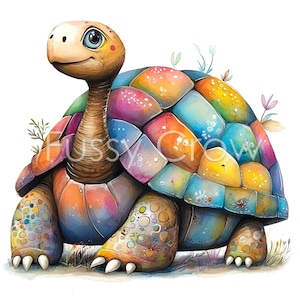 Op de afbeelding: Een kleurrijke, cartoonachtige schildpad met een regenboog schild. De schildpad loopt op een witte achtergrond met groen gras en bloemen.