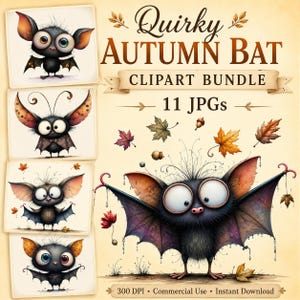 Skurrile Herbst Fledermaus Clipart, 11 hochwertige Aquarell JPGs, Halloween Clipart, Kartenherstellung, Journale, Papiermodelle KOMMERZIELLE NUTZUNG | AF0703-2