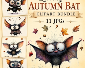 Imágenes prediseñadas de murciélagos otoñales originales, 11 imágenes JPG de acuarela de alta calidad, imágenes prediseñadas de Halloween, para hacer tarjetas, diarios y manualidades con papel. USO COMERCIAL / AF0703-2