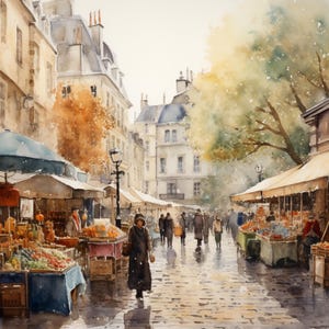 Clipart markt Parijs, 13 hoge kwaliteit jpg's, aquarel straattaferelen, kaarten maken, junkjournaling, papierkunst, COMMERCIEEL GEBRUIK | AF0506