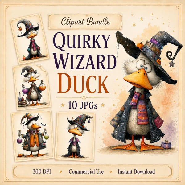 Eigenzinnige Wizard Duck Clipart, 10 hoogwaardige aquarel grillige Halloween JPG's, kaarten maken, dagboek, Paper Craft, COMMERCIEEL GEBRUIK | AF0724