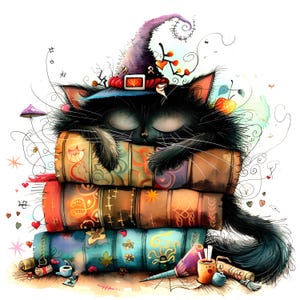 Lindo gato de bruja (12 imágenes JPG de alta calidad), divertidos gatos de Halloween, tarjetas, diario basura, manualidades con papel. USO COMERCIAL / AF0430-1