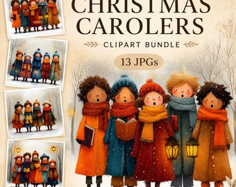 Whimsical Christmas Carolers Clipart, Watercolour Winter Kids 13 JPGs, Card Making, Junk Journal, Digital Download, Commercial Use |AF0820-1