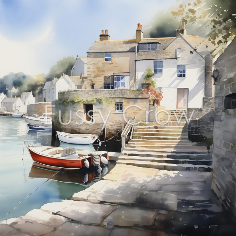 May include: A watercolor painting of a quaint harbor scene with a red boat docked at the foot of a stone staircase leading up to a row of houses. The houses are painted in shades of white and beige, with a few windows visible. The water is a calm blue, reflecting the sky and the houses.