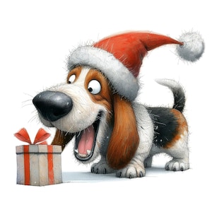 Clipart festif de basset hound, 13 fichiers JPG aquarelle de haute qualité, images de chien mignon, fabrication de cartes, journal, créations en papier UTILISATION COMMERCIALE | AF0610-1