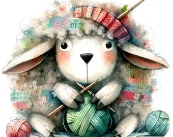 Knitting Sheep Clipart, 10 High Quality JPGs, Card Making, Planner Clipart, Journaling, Whimsical Animal, Hobbies, COMMERCIAL USE | AF0211-2