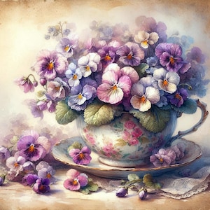 Stiefmütterchen in einer Teetasse Clipart, 10 hochwertige JPGs, Aquarell lila Blumen Bilder, Kartenherstellung, Junk Journaling, KOMMERZIELLE NUTZUNG | AF0410